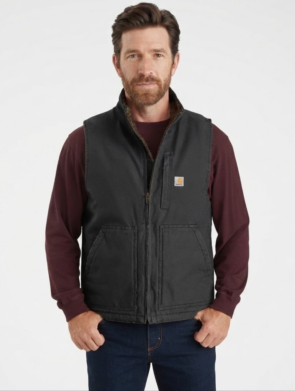​Carhartt Loose Fit Washed Duck Sherpa-Lined Black Zip Vest Mock-Neck Men’s XL